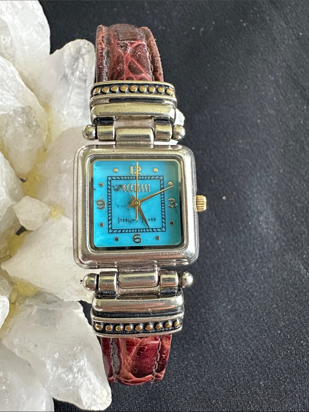 Ecclissi EUC genuine turquoise & 925 sterling watch. Genuine leather band
